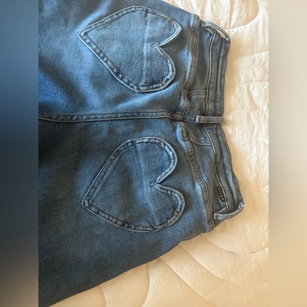Chic Blue Heart Pocket Flare Jeans
